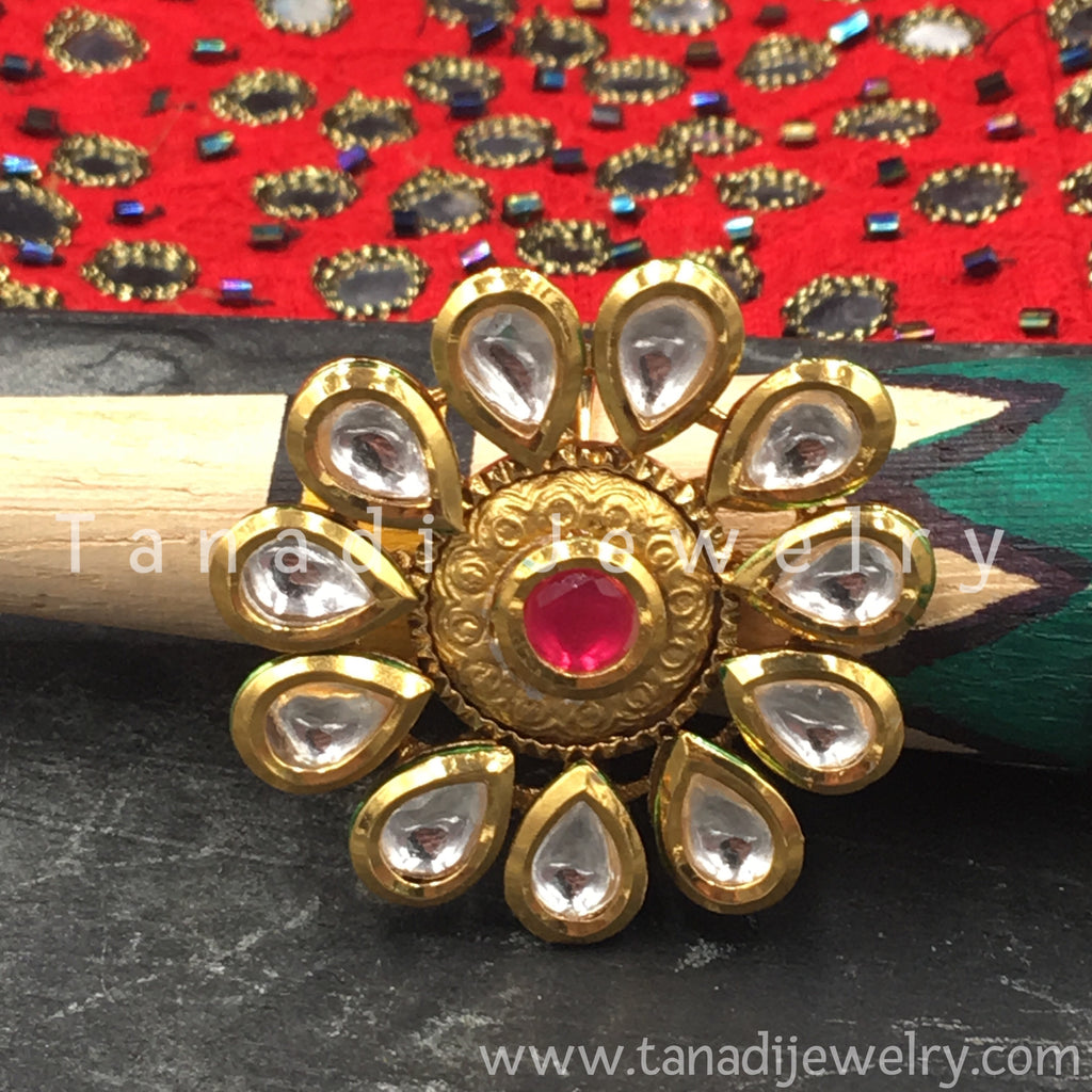 Finger Ring  - Kundan Pearl with Red
