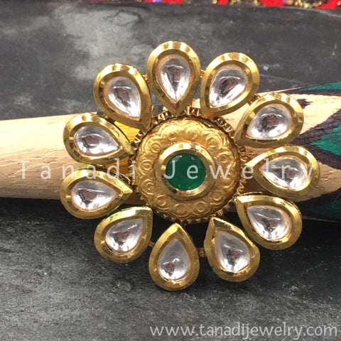 Finger Ring  - Kundan Pearls with Green