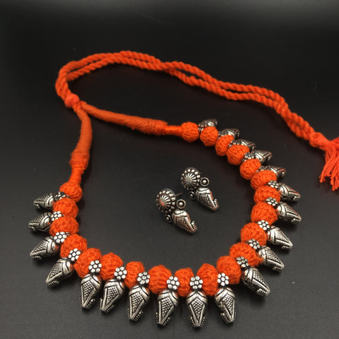 Oxidised Thread Charms Necklace - Chaukat - Orange