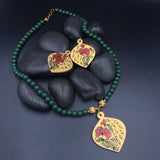 Hand Painted Wooden Necklaces - Flower Design - Green Beads
