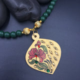 Hand Painted Wooden Necklaces - Flower Design - Green Beads