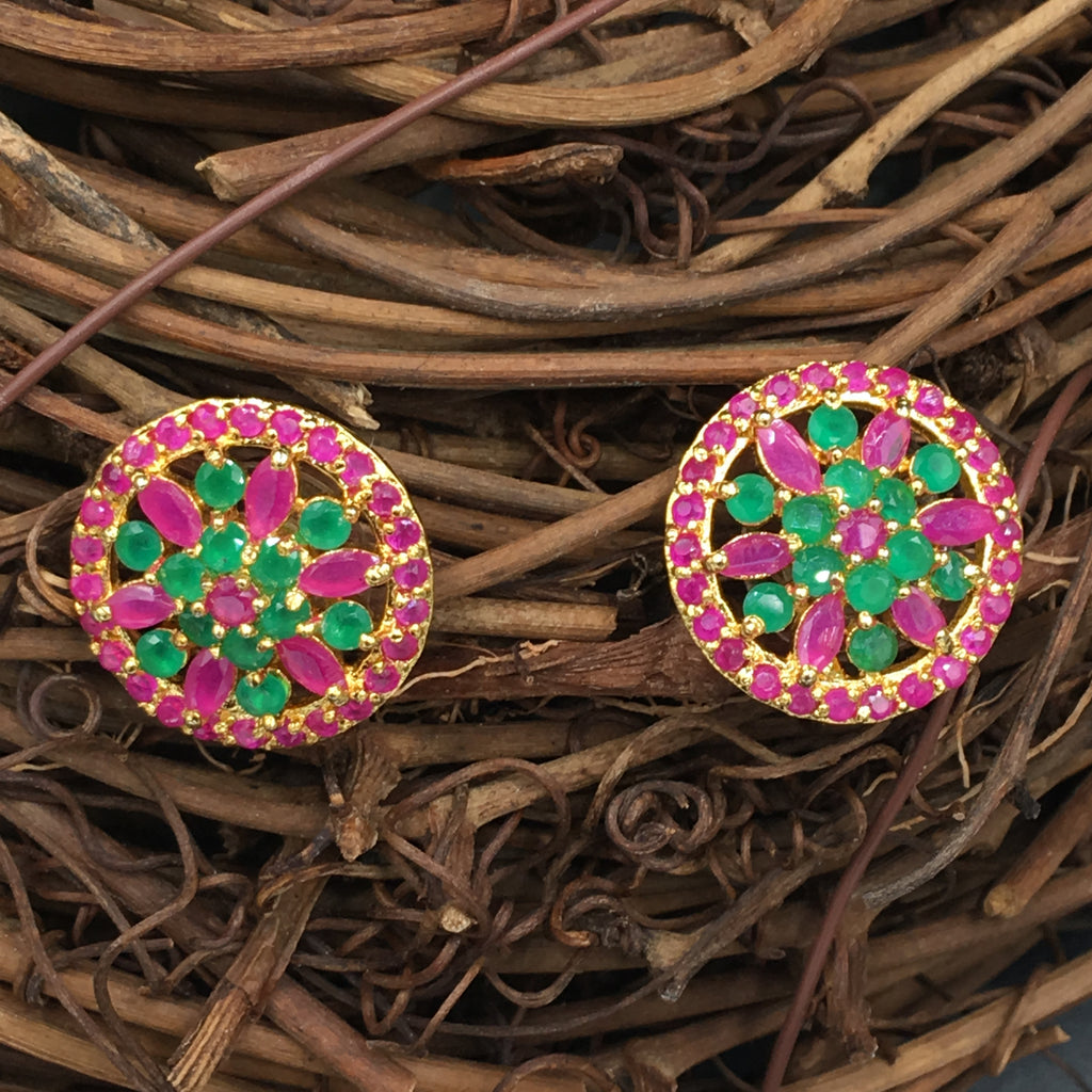 Round Pink and Green  Flower Button Earrings