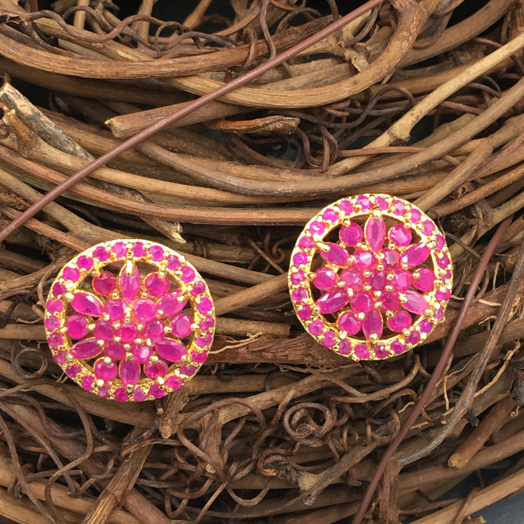 Round Pink Flower Button Earrings