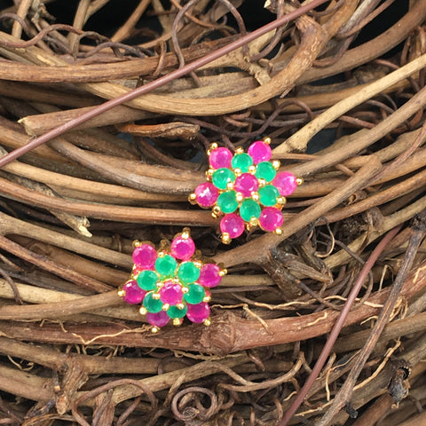 Green and Pink Flower Button Earrings -1