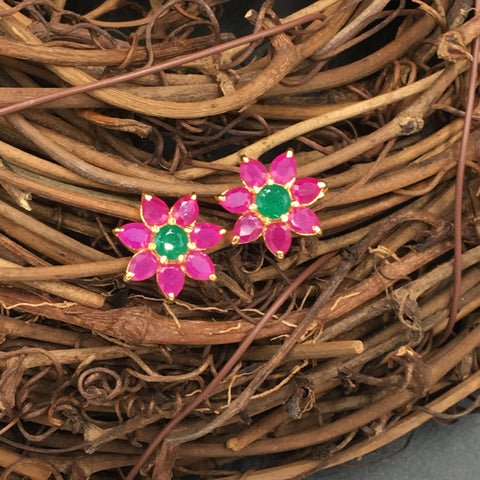 Green and Pink Flower Button Earrings - 2