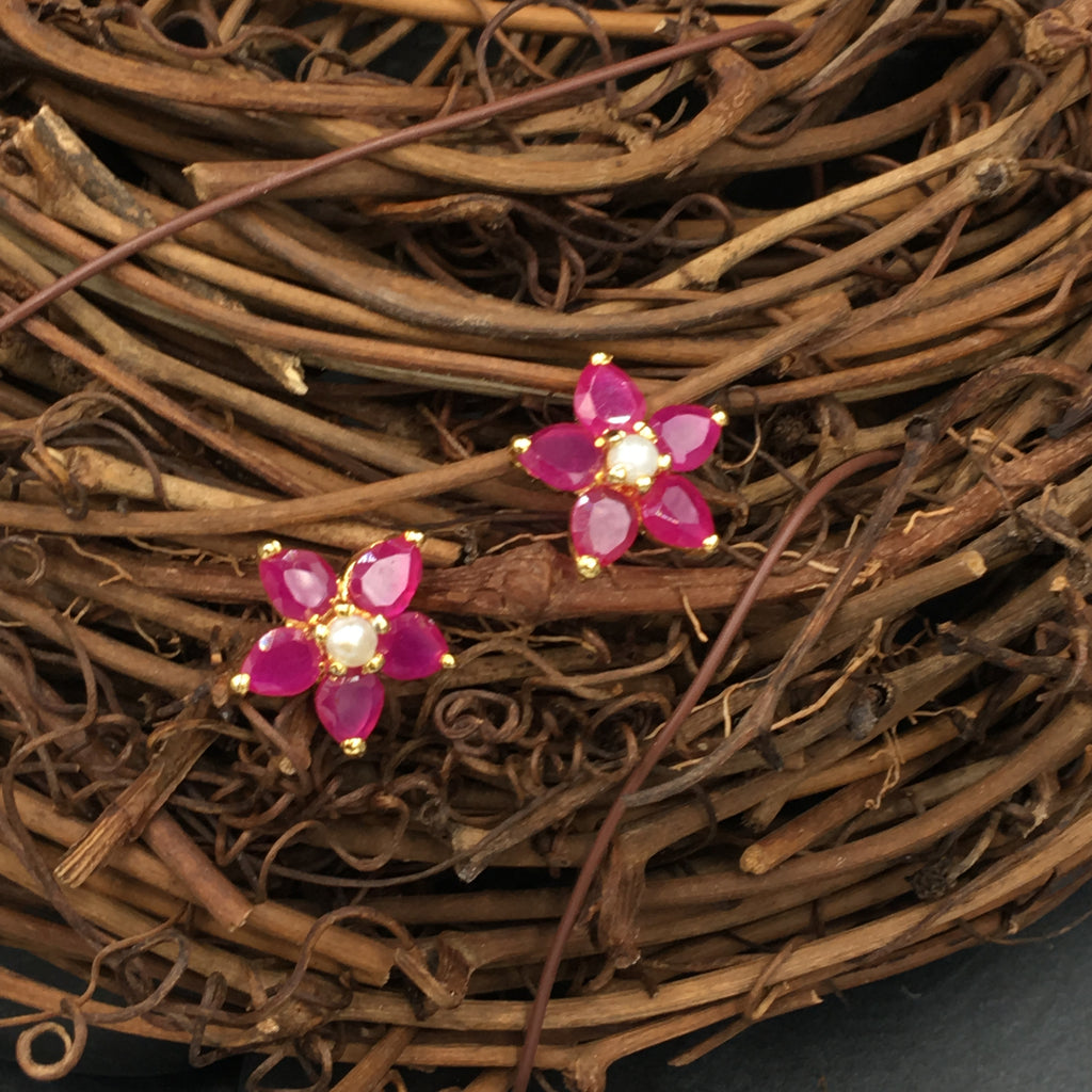Pink Flower Button Earrings