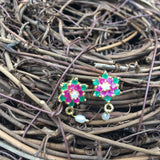 Green and Pink Flower Button Earrings
