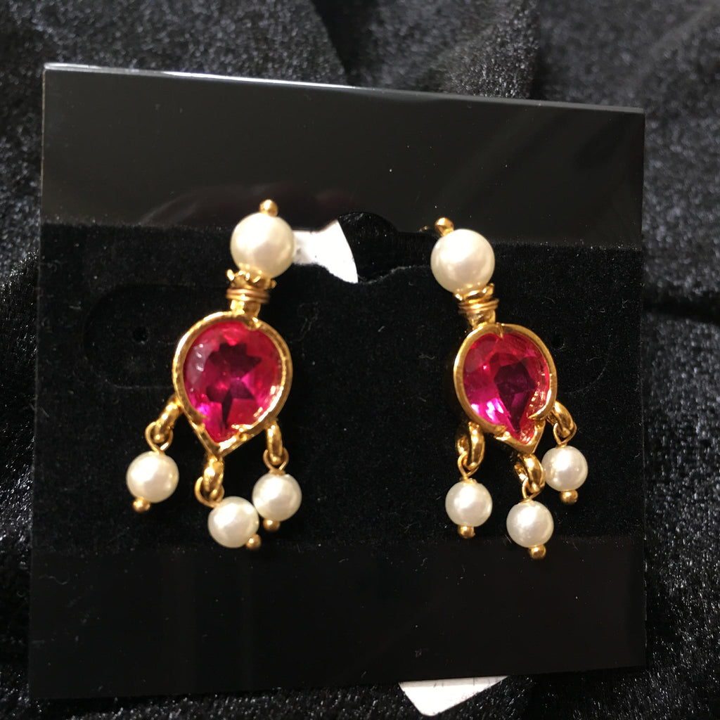 Grape drop earrings with Pink stones and Pearls - Maharashtrian Earrings