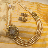 Long Moti necklace with oval side pendant and white stones