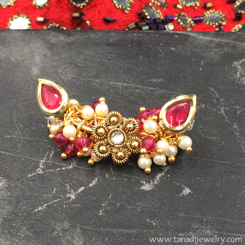 Nose Ring - Kashibai - Pearls and Flower - Pink Stone