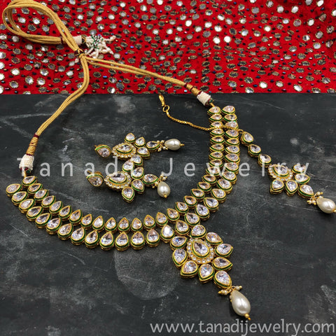 Kundan Necklace - Flower with Pearls - 3