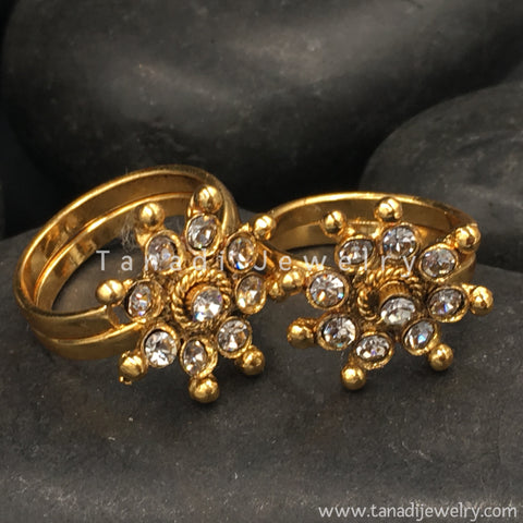 Golden Toe Rings with White Stones