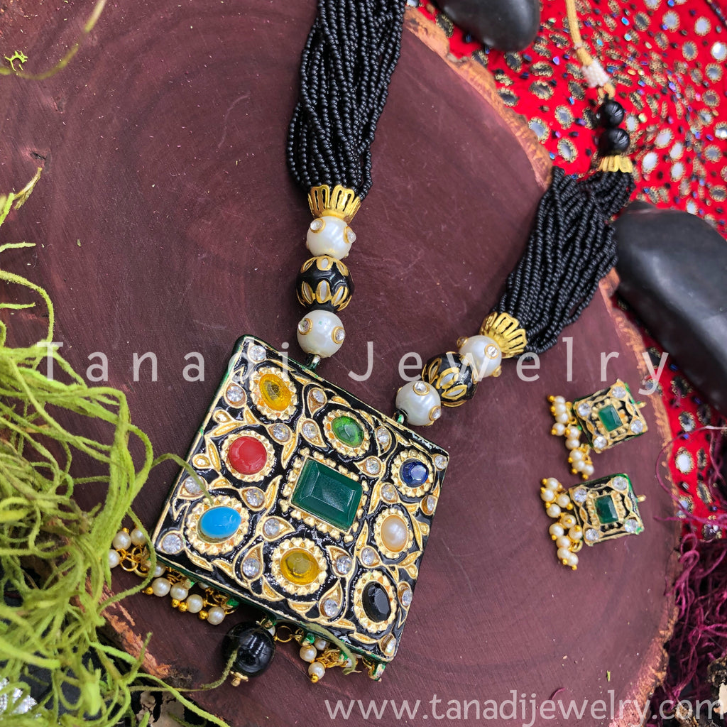 Meenakari Pendant Necklace - Black Beads
