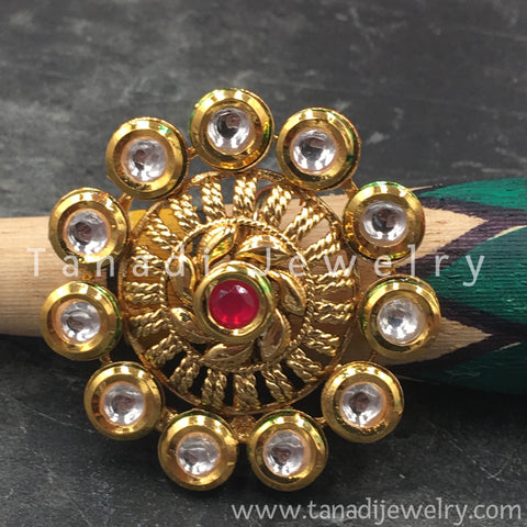 Finger Ring  - Kundan Circle with Red